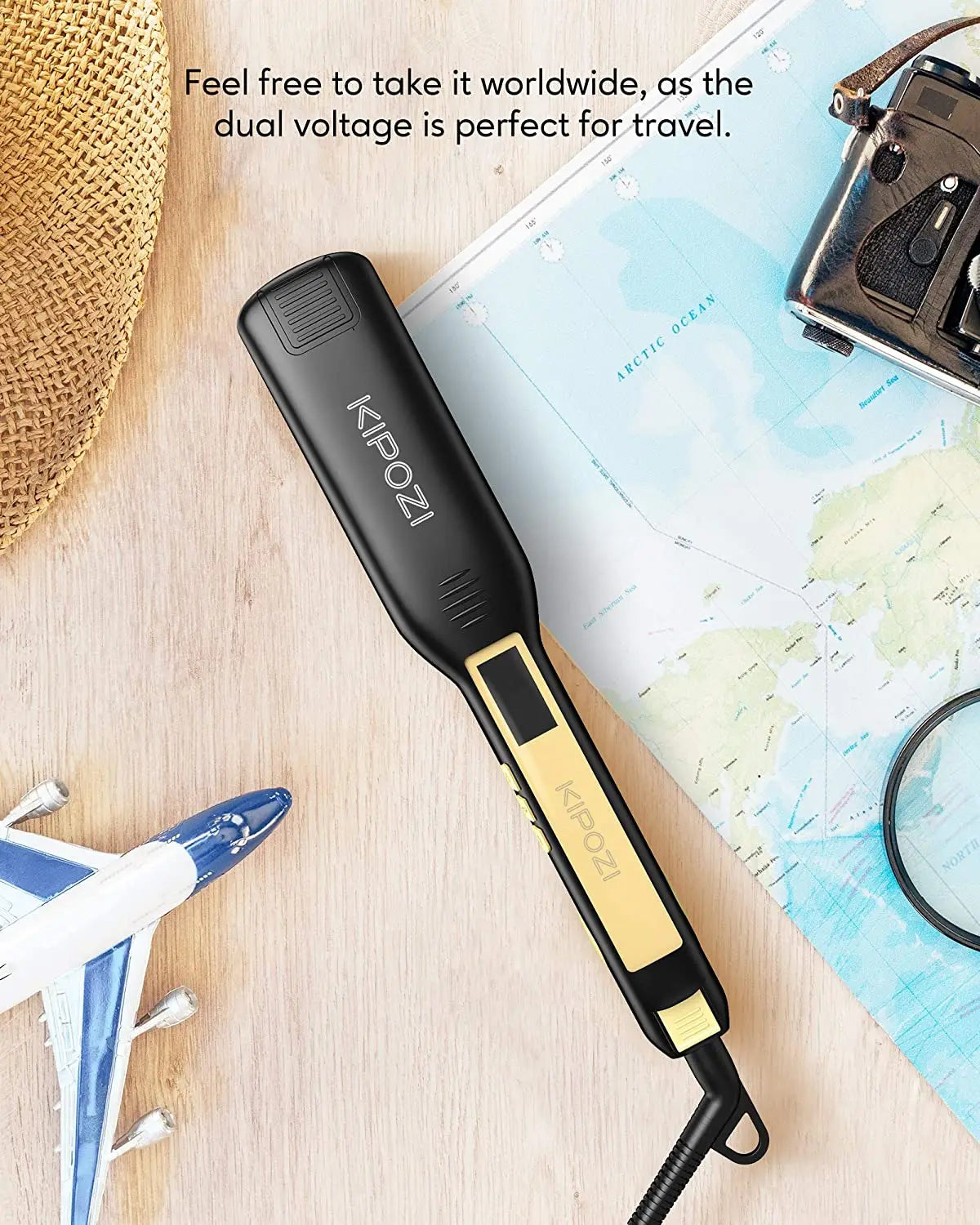 KIPOZI Professional Hair Straightener Titanium Flat Iron with Digital LCD Display Dual Voltage Instant Heating Curling Iron Gift