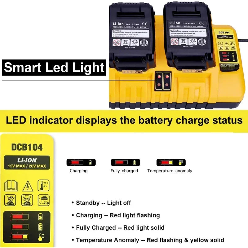 DCB104 Li-ion Battery Charger 4-Port 2A Current For Dewalt 10.8V 12V 14.4V 18V 20V 60V DCB127 DCB105 DCB118 DCB112 DCB119 DCB102