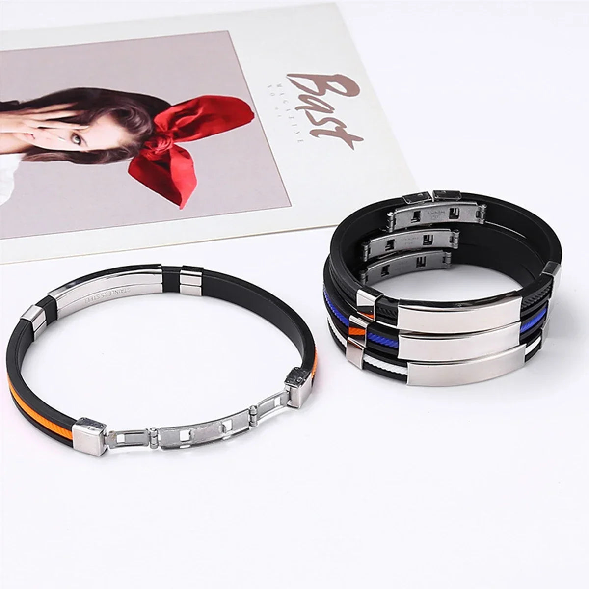 Fashion Bracelets Vintage Black Rubber Wristband Silicone Stainless Steel Men Bracelets Bangles Jewelry