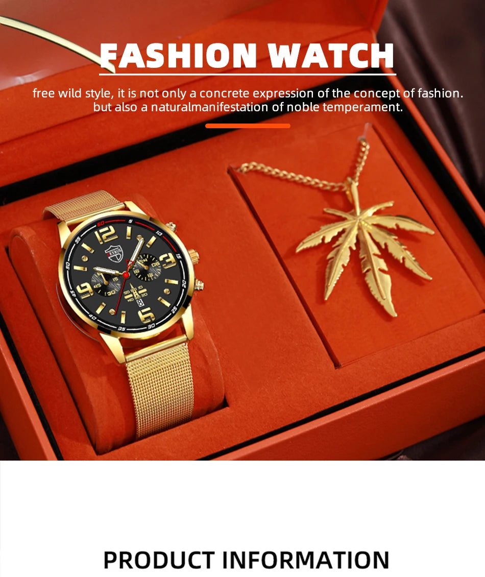 2PCS Fashion Mens Business Sports Watches Male Casual Stainless Steel Mesh Belt Quartz Watch Men Necklace Wrist Watch