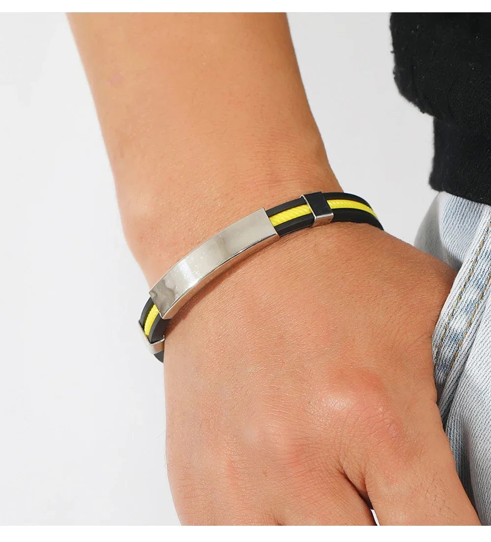 Fashion Bracelets Vintage Black Rubber Wristband Silicone Stainless Steel Men Bracelets Bangles Jewelry