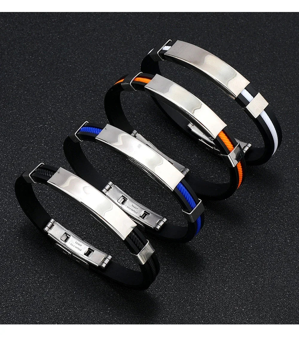 Fashion Bracelets Vintage Black Rubber Wristband Silicone Stainless Steel Men Bracelets Bangles Jewelry