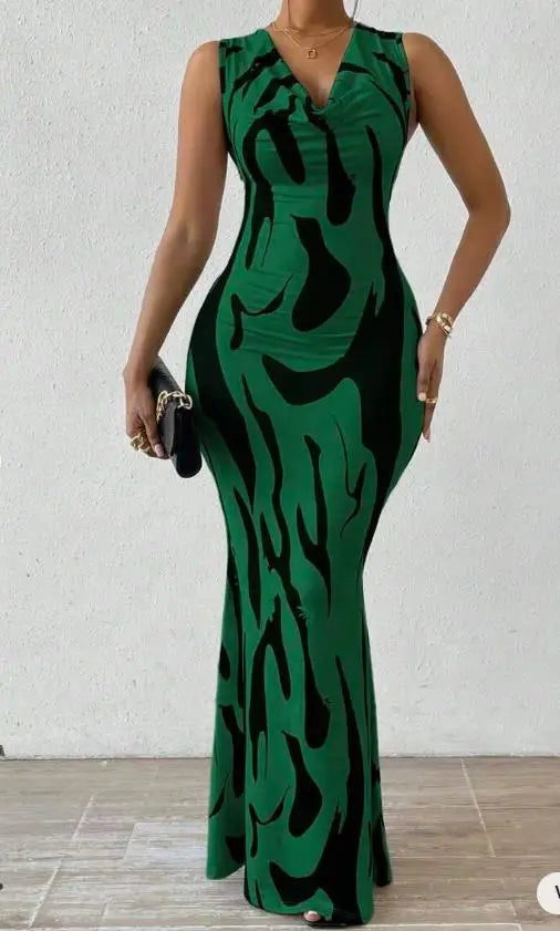 Women Print Dress Sleeveless Splice Slim Fit Long Dresses Midi Waist Wrap Hip Vestidos Elegant Office Lady Summer 2024