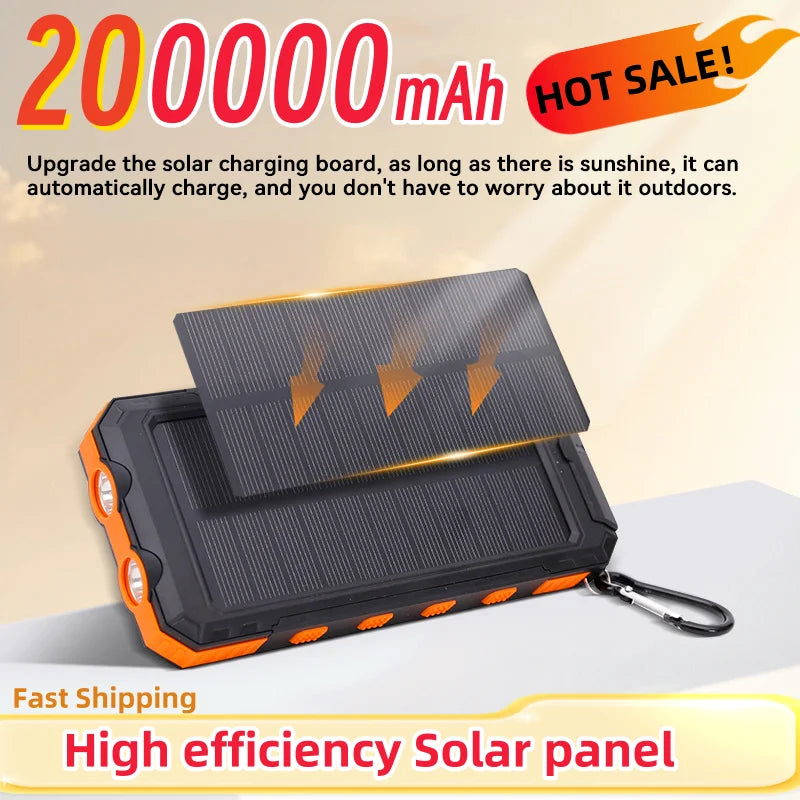 200000mAh Solar Power Bank Fast Charging Portable Large Capacity Charger Compatible For IOS Android USB-A and USB-C