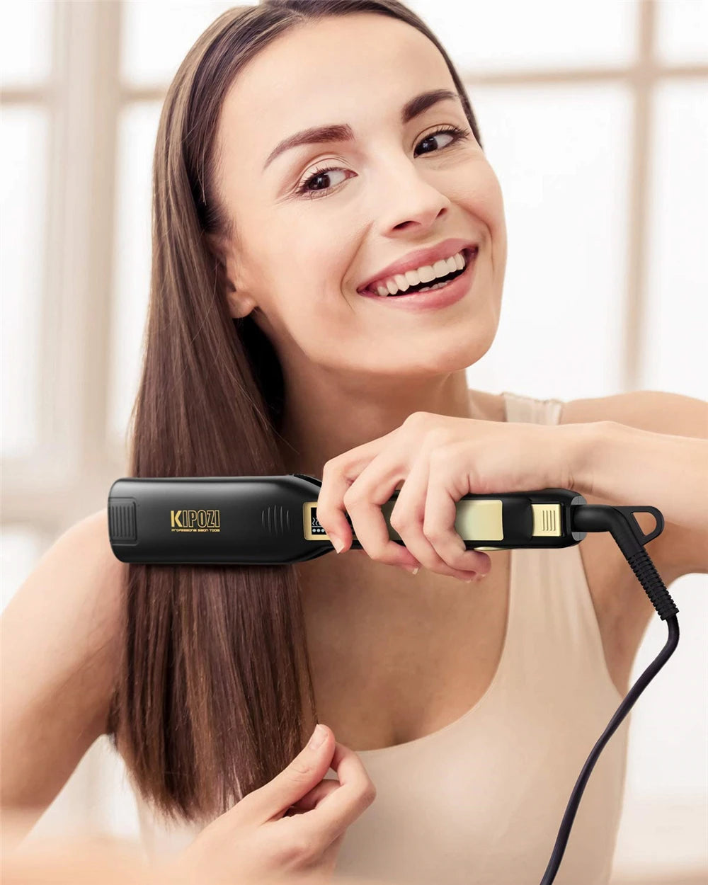 KIPOZI Professional Hair Straightener Titanium Flat Iron with Digital LCD Display Dual Voltage Instant Heating Curling Iron Gift