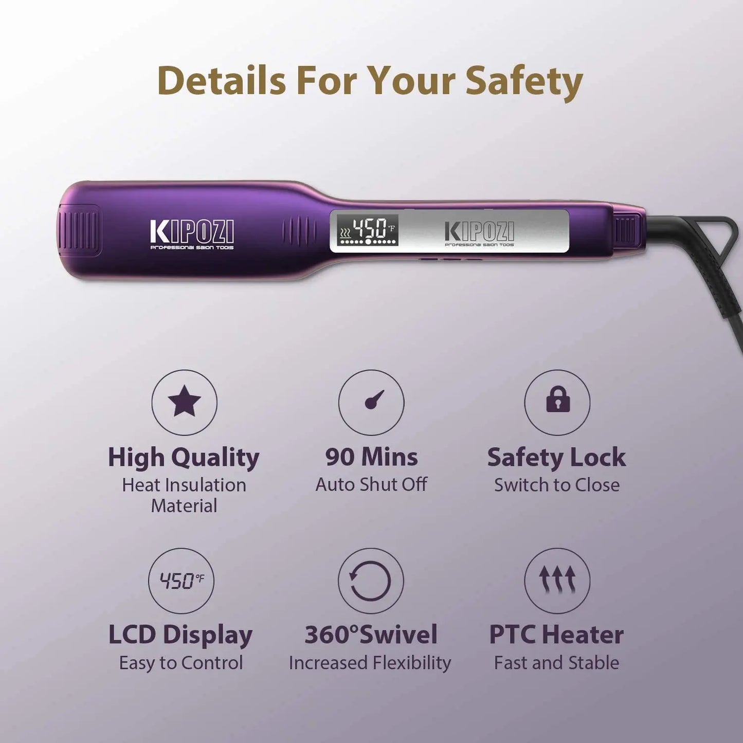 KIPOZI Professional Hair Straightener Titanium Flat Iron with Digital LCD Display Dual Voltage Instant Heating Curling Iron Gift