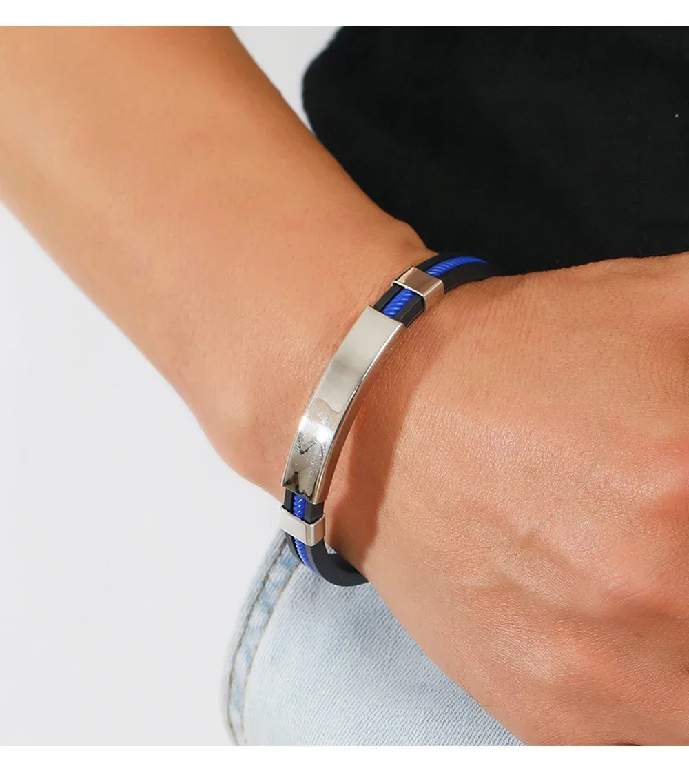Fashion Bracelets Vintage Black Rubber Wristband Silicone Stainless Steel Men Bracelets Bangles Jewelry