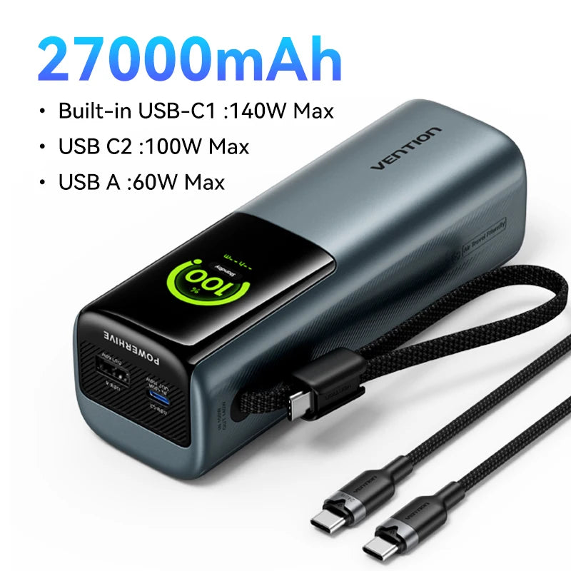 Vention Power Bank 140W 27000mAh Portable PD External Battery PowerBank 100W for Macbook Pro iPad iPhone Laptop Notebook Xiaomi