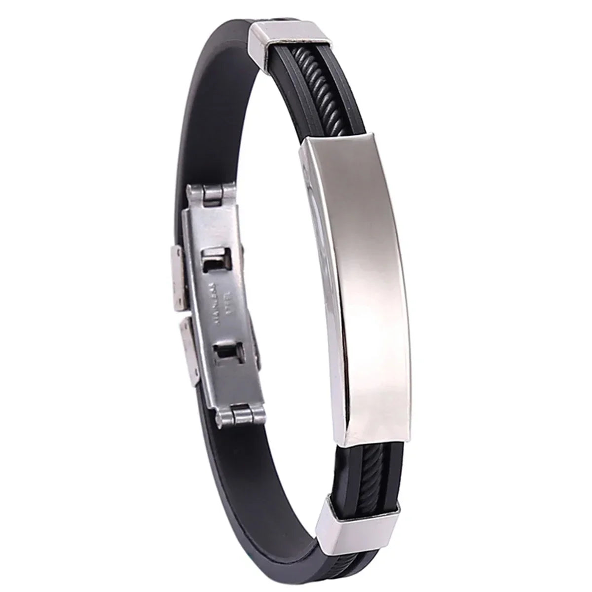 Fashion Bracelets Vintage Black Rubber Wristband Silicone Stainless Steel Men Bracelets Bangles Jewelry