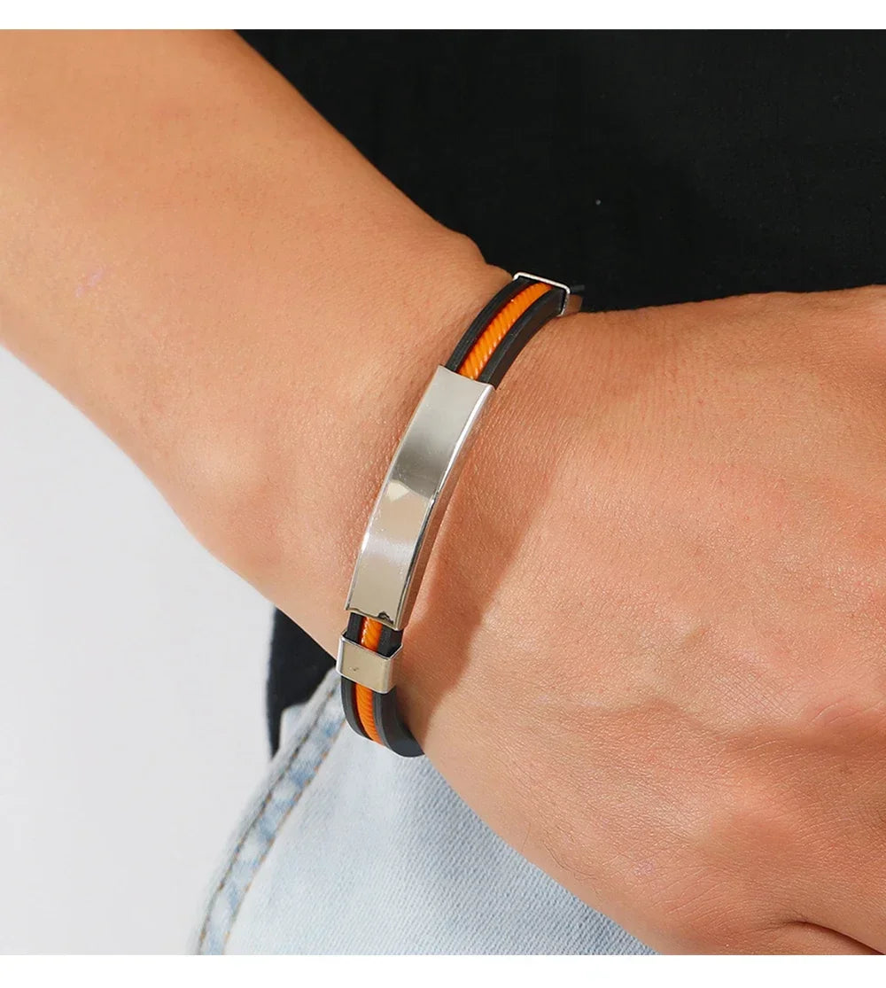 Fashion Bracelets Vintage Black Rubber Wristband Silicone Stainless Steel Men Bracelets Bangles Jewelry
