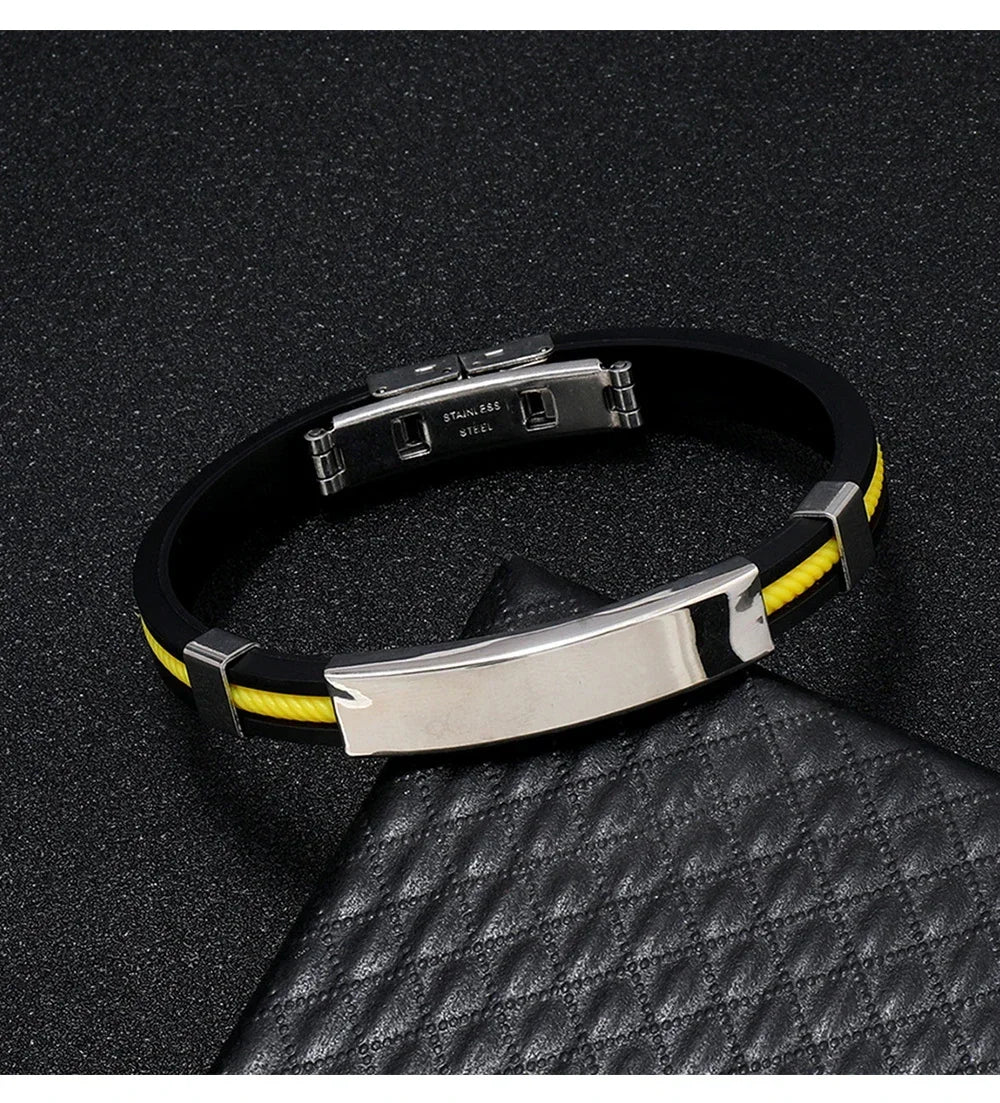 Fashion Bracelets Vintage Black Rubber Wristband Silicone Stainless Steel Men Bracelets Bangles Jewelry