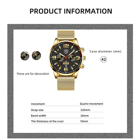 2PCS Fashion Mens Business Sports Watches Male Casual Stainless Steel Mesh Belt Quartz Watch Men Necklace Wrist Watch