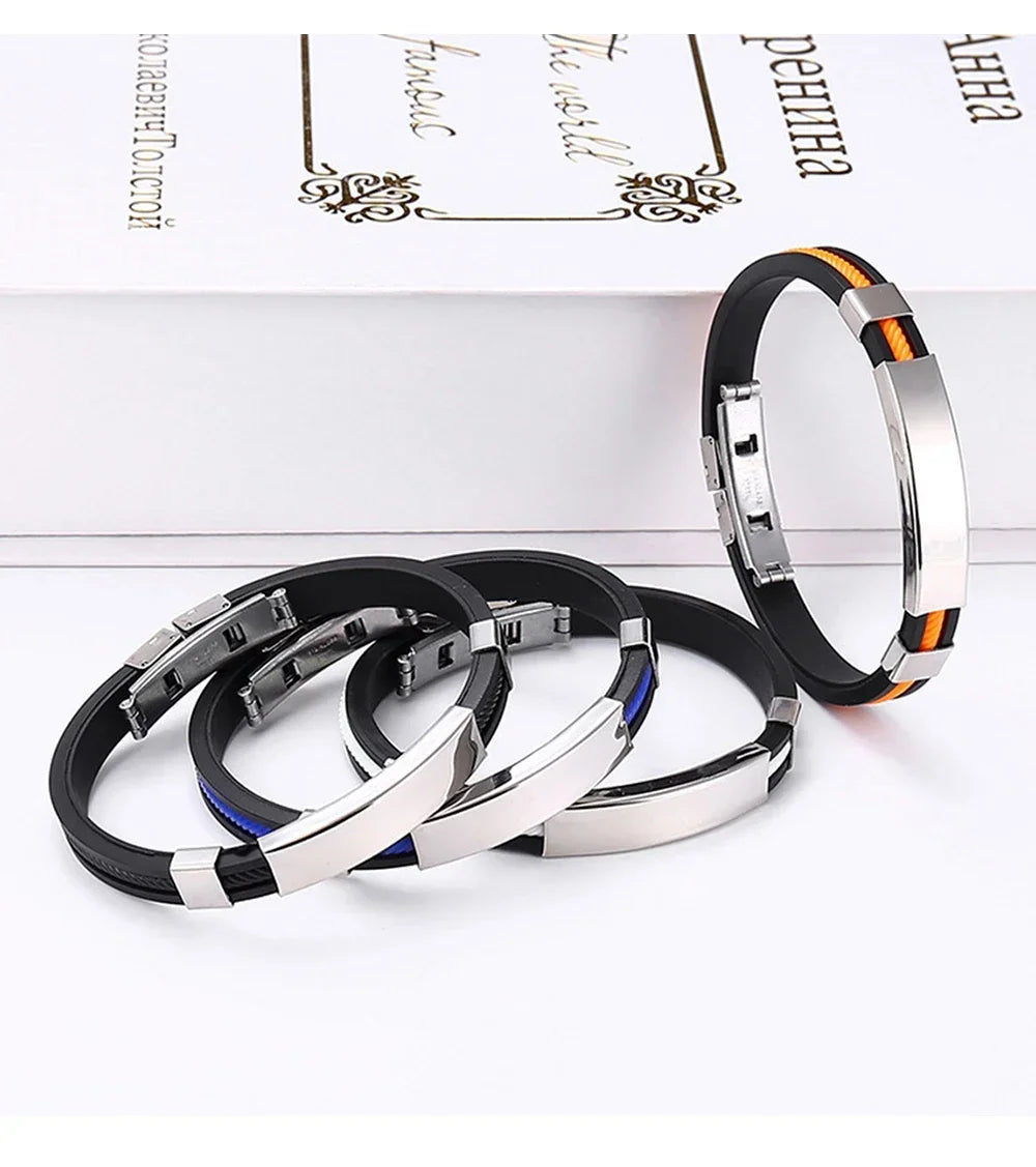 Fashion Bracelets Vintage Black Rubber Wristband Silicone Stainless Steel Men Bracelets Bangles Jewelry