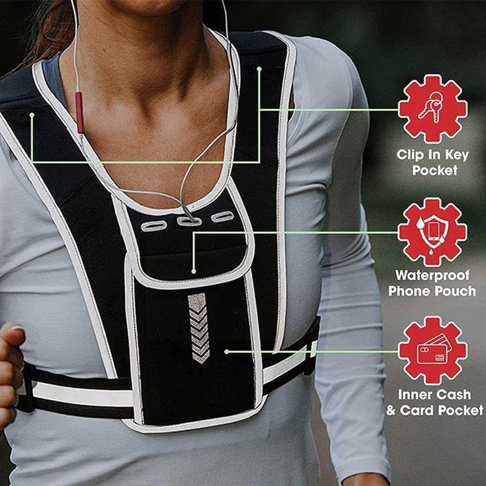 Running Vest Phone Holder for Men Women, Waterproof Cell Phone & Key Pouch, Reflective Hydration Vest Train Free Workout Gear
