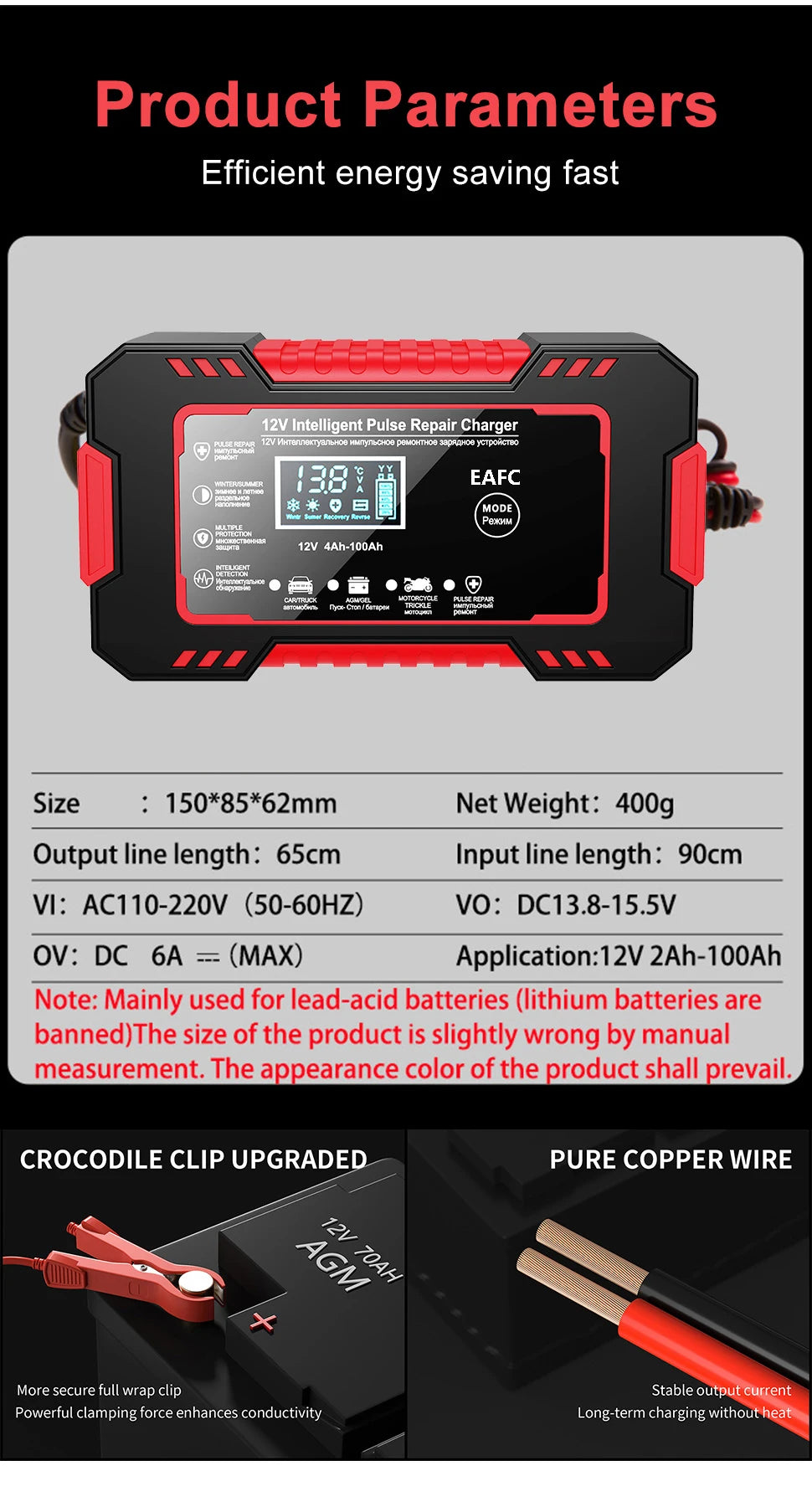 Car Battery Charger 12V 6A Pulse Repair LCD Display Smart Fast Charge AGM Deep Cycle GEL Lead-Acid Charger For Auto Motorcycle
