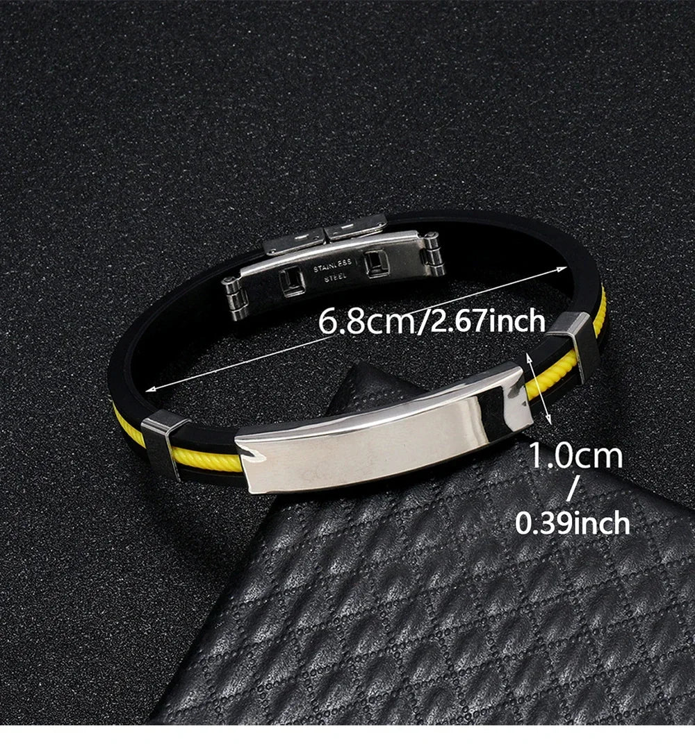 Fashion Bracelets Vintage Black Rubber Wristband Silicone Stainless Steel Men Bracelets Bangles Jewelry