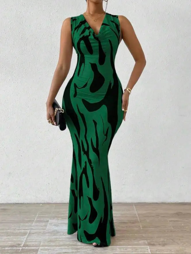 Women Print Dress Sleeveless Splice Slim Fit Long Dresses Midi Waist Wrap Hip Vestidos Elegant Office Lady Summer 2024