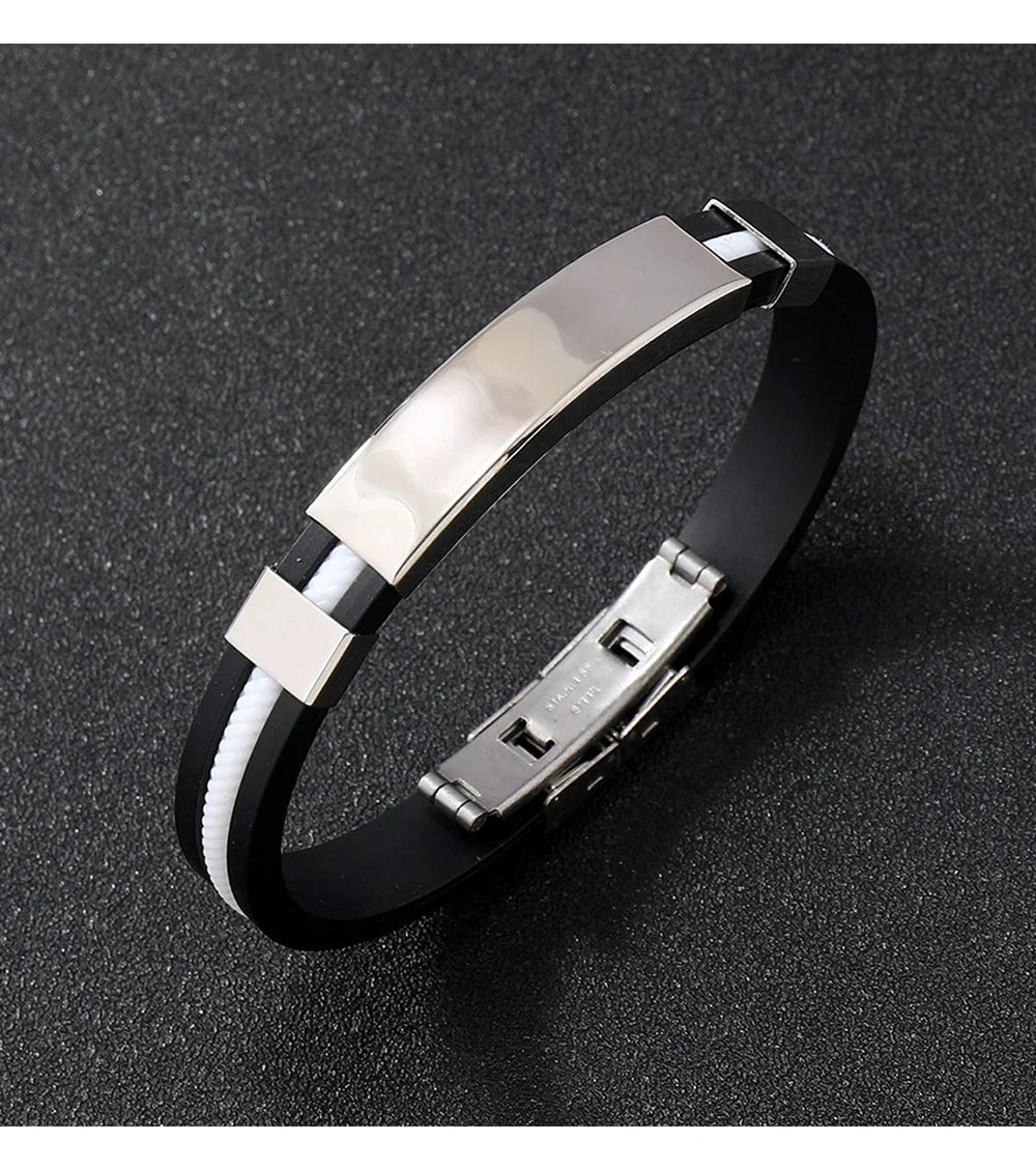Fashion Bracelets Vintage Black Rubber Wristband Silicone Stainless Steel Men Bracelets Bangles Jewelry