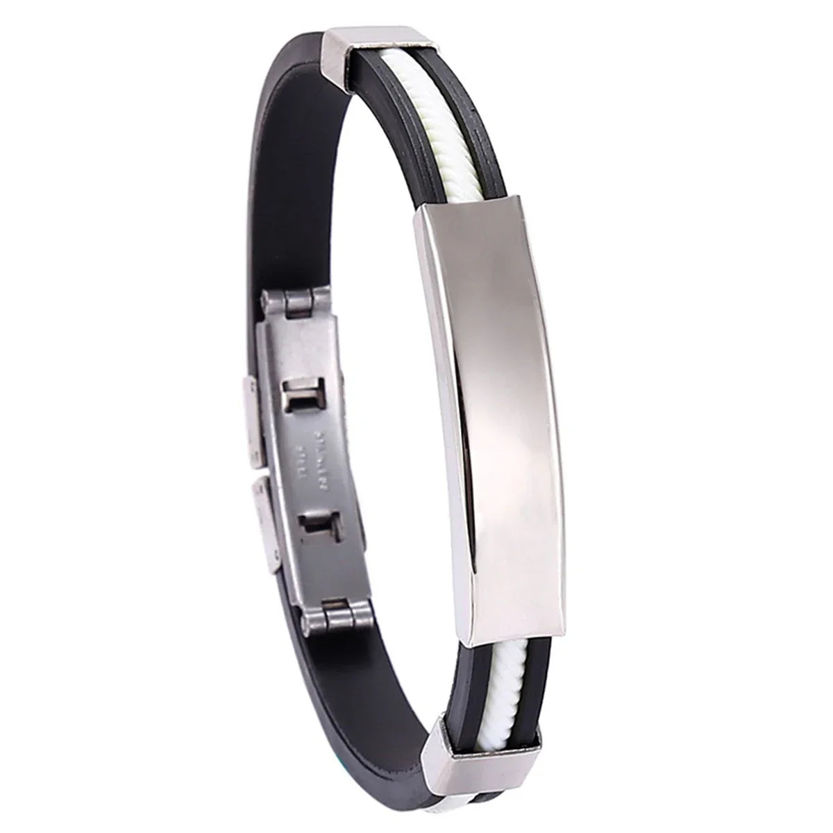 Fashion Bracelets Vintage Black Rubber Wristband Silicone Stainless Steel Men Bracelets Bangles Jewelry